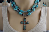 DOUBLE LAYER TURQUOISE WITH HANDMADE CROSS NECKLACE AND EARRING SET